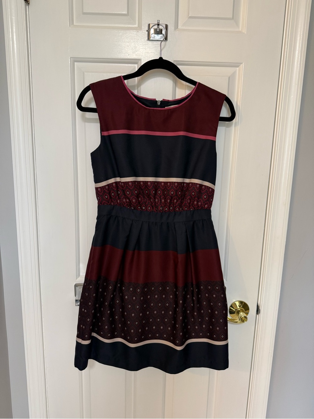 Loft Sleeveless Burgundy and Navy Striped Fit & Flare Dress